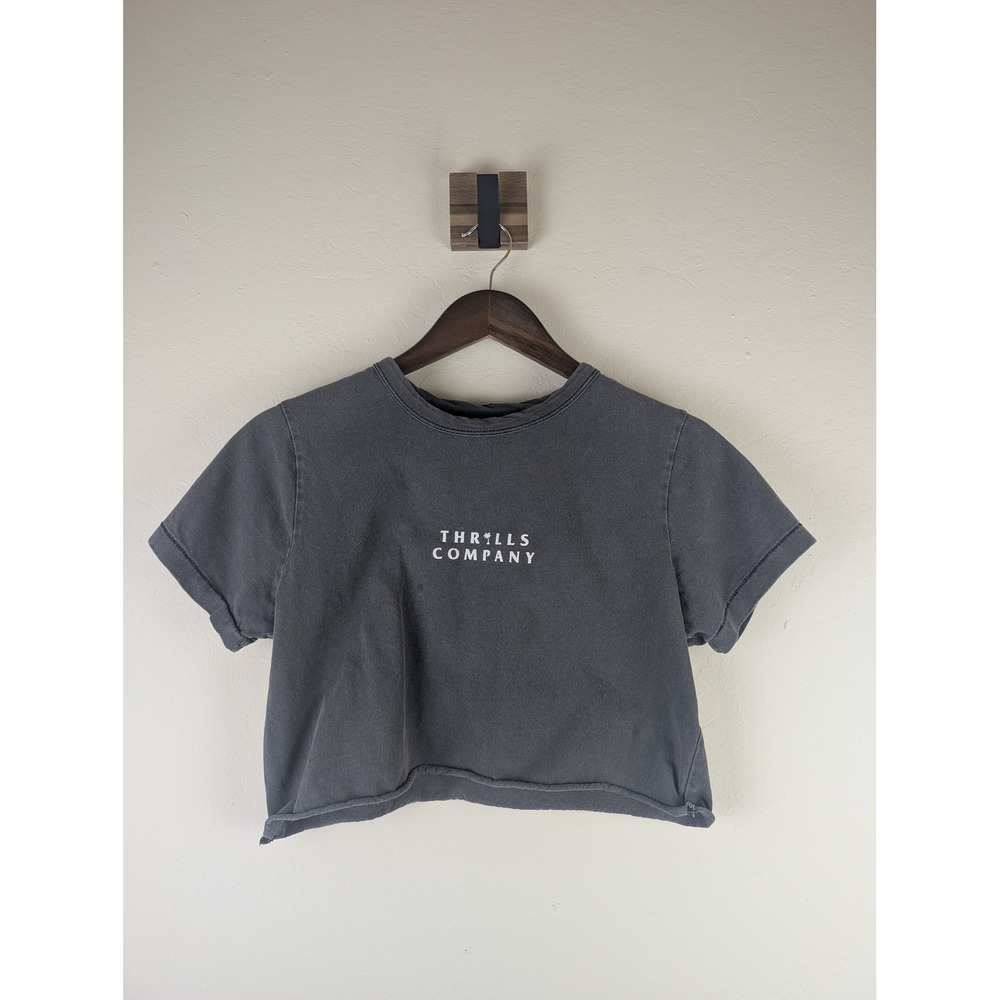 Thrills Company Womens Cropped Logo Graphic T-Shirt Washed Charcoal Gray XS